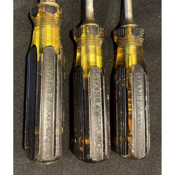 Set of 3 Vintage Stanley 100 Plus Flathead Yellow & Black Screwdrivers - Picture 2 of 7